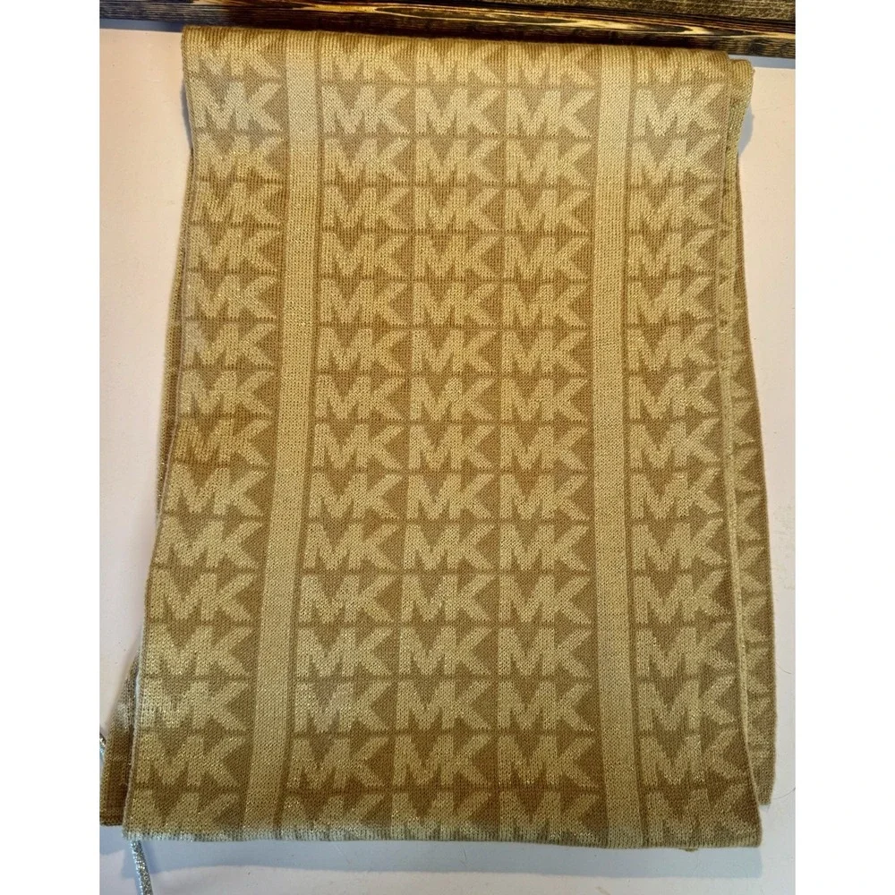 MICHAEL KORS Scarf Women's Camel Knit Monogram MK Signature Logo Long Rectangle
